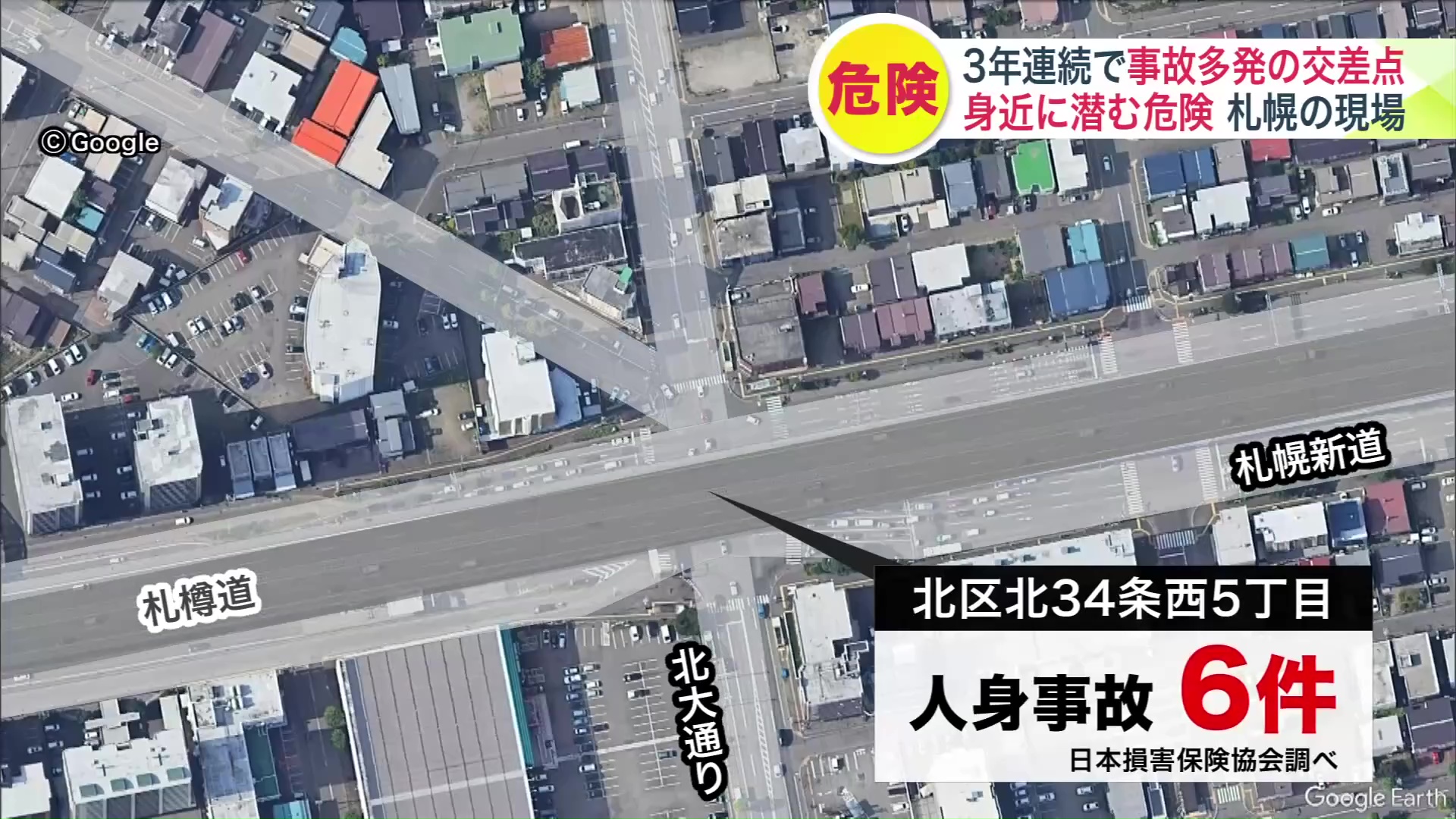 北34条西5丁目にある複雑な交差点